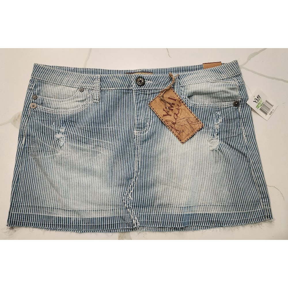 YMI Jeans Blue White Railroad Pinstripe Distressed Denim Mini Skirt Size 11 NWT